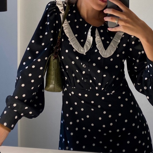 New Look Dresses & Skirts - New Look Polka Dot Midi Dress Ruffle Collar Black White US 12